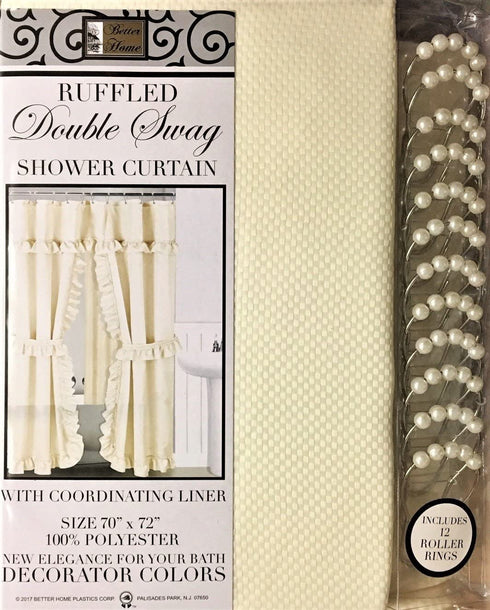 Mosaic Double Swag Fabric Shower Curtain with Ring Hooks, 2 Tie Backs - 70 x 72 in.